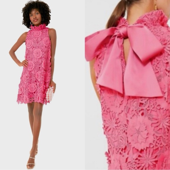 Tuckernuck Guipure Pink Blythe Lace Mini Dress Hibiscus Floral Bow Closure M - Picture 1 of 11